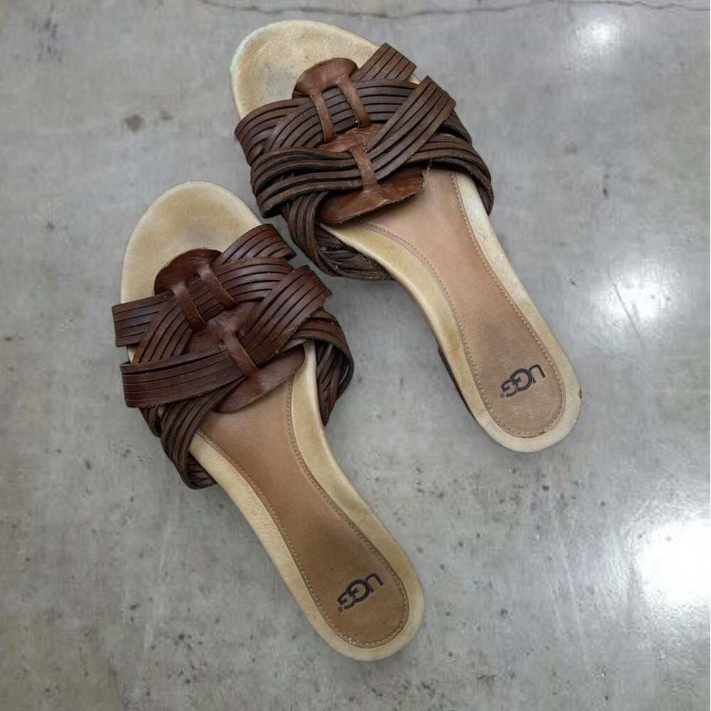 UGG Brown Braided Leather Slide Sandals Women's Size 8